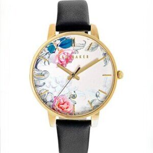 Ted Baker London Floral Watch, Gold Dial with Black Leather Strap